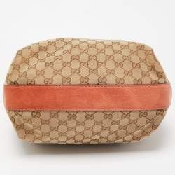 Pre Owned Gucci Crimson Red/Beige GG Canvas and Leather Bamboo Bar Hobo
