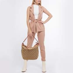 Pre Owned Gucci Crimson Red/Beige GG Canvas and Leather Bamboo Bar Hobo