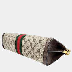 Pre Owned Gucci Brown Coated Canvas Leather Small Ophidia Web Chain Shoulder Bag