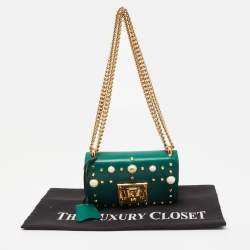 Pre Owned Gucci Green Leather Small Pearl Studded Padlock Shoulder Bag