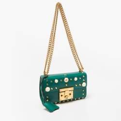 Pre Owned Gucci Green Leather Small Pearl Studded Padlock Shoulder Bag