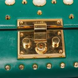 Pre Owned Gucci Green Leather Small Pearl Studded Padlock Shoulder Bag