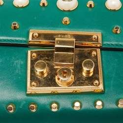 Pre Owned Gucci Green Leather Small Pearl Studded Padlock Shoulder Bag
