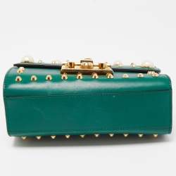 Pre Owned Gucci Green Leather Small Pearl Studded Padlock Shoulder Bag