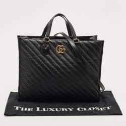 Pre Owned Gucci Black Diagonal Matelasse Leather GG Marmont Tote