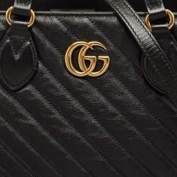 Pre Owned Gucci Black Diagonal Matelasse Leather GG Marmont Tote