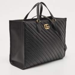 Pre Owned Gucci Black Diagonal Matelasse Leather GG Marmont Tote