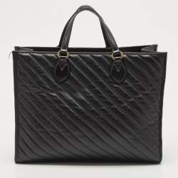 Pre Owned Gucci Black Diagonal Matelasse Leather GG Marmont Tote
