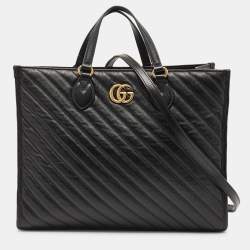 Pre Owned Gucci Black Diagonal Matelasse Leather GG Marmont Tote