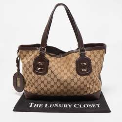 Pre Owned Gucci Ebony/Beige GG Canvas and Leather Techno Tote