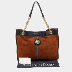 Pre Owned Gucci Brown/Black Suede and Patent Leather Large Rajah Tote