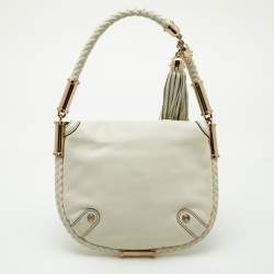 Pre Owned Gucci Off White Leather Small Britt Tassel Hobo
