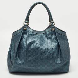 Pre Owned Gucci Metallic Blue Guccissima Leather Large Sukey Tote