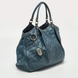Pre Owned Gucci Metallic Blue Guccissima Leather Large Sukey Tote