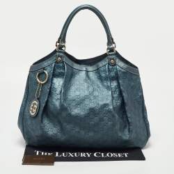 Pre Owned Gucci Metallic Blue Guccissima Leather Large Sukey Tote