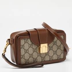 Pre Owned Gucci Beige/Brown GG Supreme Canvas and Leather Clasp Crossbody Bag