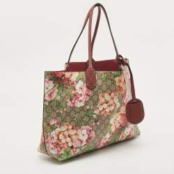 Pre Owned Gucci Burgundy/Beige GG Supreme Canvas Medium Blooms Reversible Tote