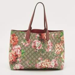 Pre Owned Gucci Burgundy/Beige GG Supreme Canvas Medium Blooms Reversible Tote