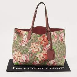 Pre Owned Gucci Burgundy/Beige GG Supreme Canvas Medium Blooms Reversible Tote