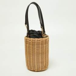 Pre Owned Gucci Beige/Black Wicker and Leather Horsebit 1955 Bucket Bag 
