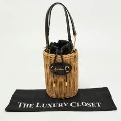 Pre Owned Gucci Beige/Black Wicker and Leather Horsebit 1955 Bucket Bag 