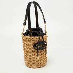 Pre Owned Gucci Beige/Black Wicker and Leather Horsebit 1955 Bucket Bag 