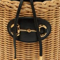 Pre Owned Gucci Beige/Black Wicker and Leather Horsebit 1955 Bucket Bag 