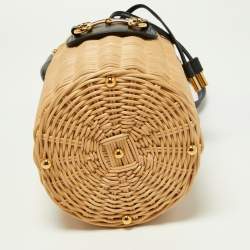 Pre Owned Gucci Beige/Black Wicker and Leather Horsebit 1955 Bucket Bag 