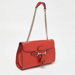 Pre Owned Gucci Coral Red Leather Medium Emily Shoulder Bag