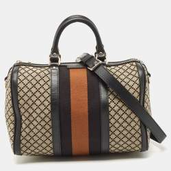 Pre Owned Gucci Black/Beige Diamante Canvas Medium Vintage Web Boston Bag