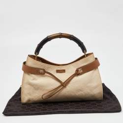 Pre Owned Gucci Cream/Brown Canvas and Leather Bamboo Top Handle Bag
