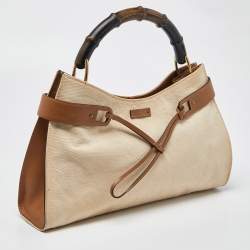Pre Owned Gucci Cream/Brown Canvas and Leather Bamboo Top Handle Bag