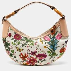 Gucci Multicolor Botanical Floral Canvas and Leather Bamboo Ring Hobo