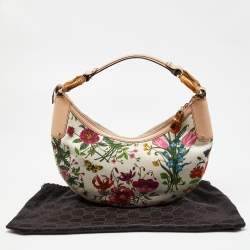 Gucci Multicolor Botanical Floral Canvas and Leather Bamboo Ring Hobo