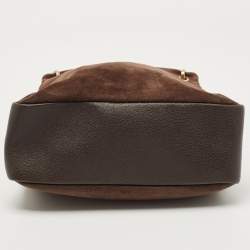 Pre Owned Gucci Dark Brown Suede and Leather Bamboo Handle Tote