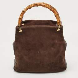 Pre Owned Gucci Dark Brown Suede and Leather Bamboo Handle Tote