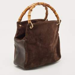 Pre Owned Gucci Dark Brown Suede and Leather Bamboo Handle Tote