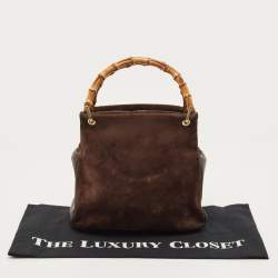 Pre Owned Gucci Dark Brown Suede and Leather Bamboo Handle Tote