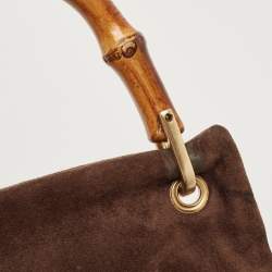 Pre Owned Gucci Dark Brown Suede and Leather Bamboo Handle Tote