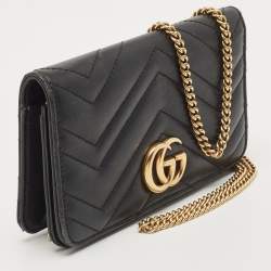 Gucci Black Matelassé Leather GG Marmont Wallet On Chain
