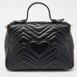 Pre Owned Gucci Black Matelassé Leather Small GG Marmont Top Handle Bag