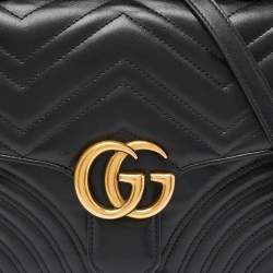 Pre Owned Gucci Black Matelassé Leather Small GG Marmont Top Handle Bag
