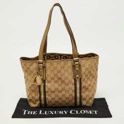 Pre Owned Gucci Gold/Beige GG Canvas and Leather Jolicoeur Tote