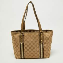 Pre Owned Gucci Gold/Beige GG Canvas and Leather Jolicoeur Tote