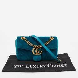 Pre Owned Gucci Green Matelassé Velvet Small GG Marmont Shoulder Bag