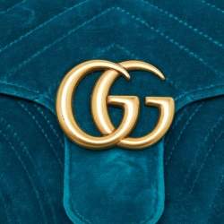 Pre Owned Gucci Green Matelassé Velvet Small GG Marmont Shoulder Bag