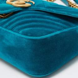 Pre Owned Gucci Green Matelassé Velvet Small GG Marmont Shoulder Bag