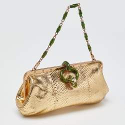 Pre Owned Gucci Gold Watersnake Leather Serpent Buckle Frame Clutch