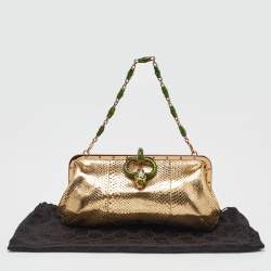 Pre Owned Gucci Gold Watersnake Leather Serpent Buckle Frame Clutch