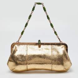 Pre Owned Gucci Gold Watersnake Leather Serpent Buckle Frame Clutch